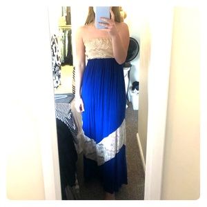 Strapless royal blue maxi dress with lace top